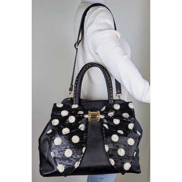 Betsey Johnson Sequin Polka Dot Bow Convertible Crossbody Satchel Bag Blk White - Picture 2 of 12